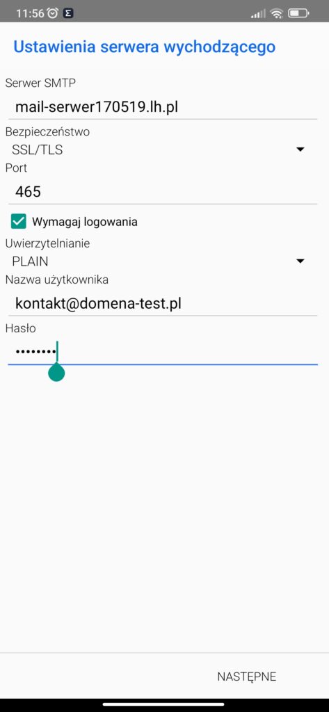 ekran ustawień poczty wychodzącej email w aplikacji mobilnej bluemail