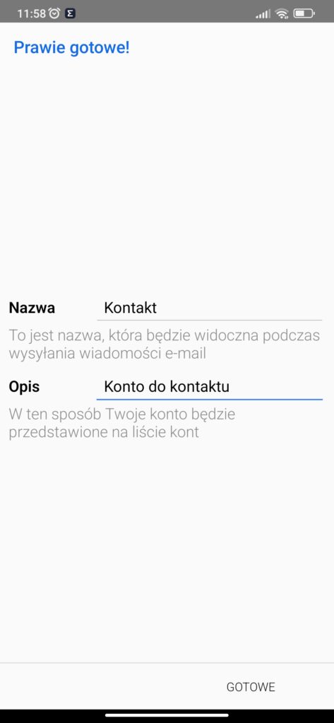 ekran ustawień konta w aplikacji mobilnej bluemail