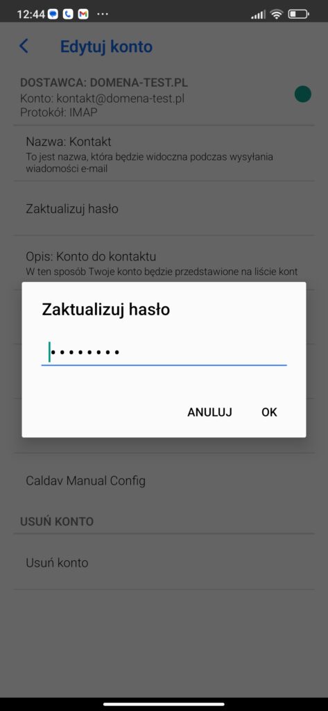 okno zmiany hasła w aplikacji mobilnej bluemail