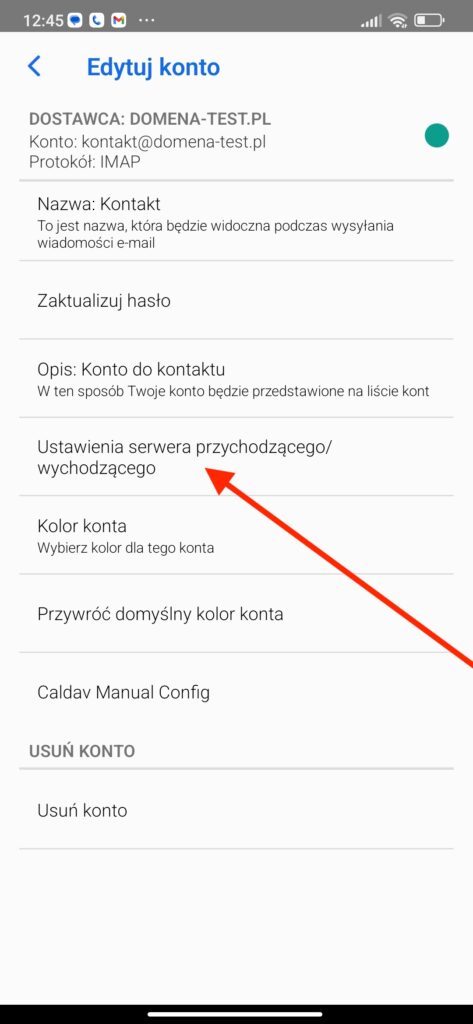 okno ustawień w aplikacji mobilnej bluemail