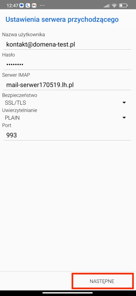 okno ustawień poczty przychodzącej w aplikacji mobilnej bluemail