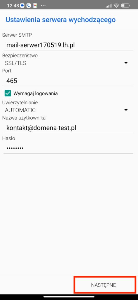 okno ustawień serwera poczty wychodzącej w  aplikacji mobilnej bluemail