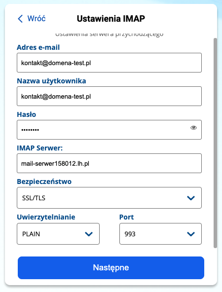 ekran ustawień poczty przychodzącej w aplikacji bluemail