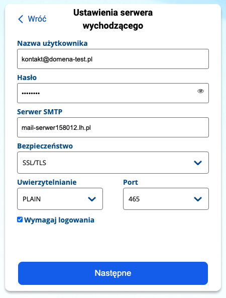 ekran ustawień poczty wychodzącej w aplikacji bluemail