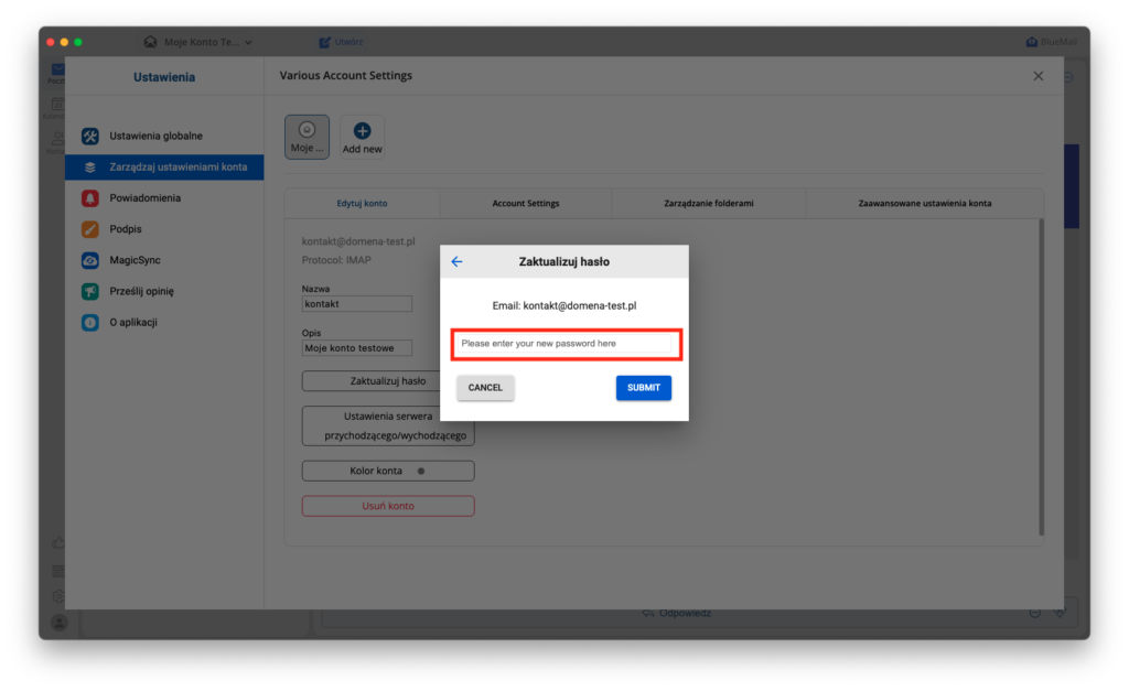 okno aktualizacji hasła bluemail