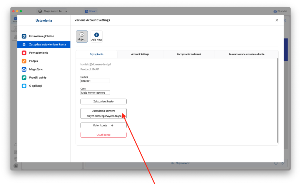 okno ustawień konta aplikacji bluemail