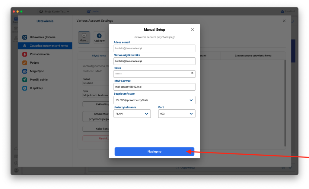 okno ustawień serwera poczty przychodzącej bluemail
