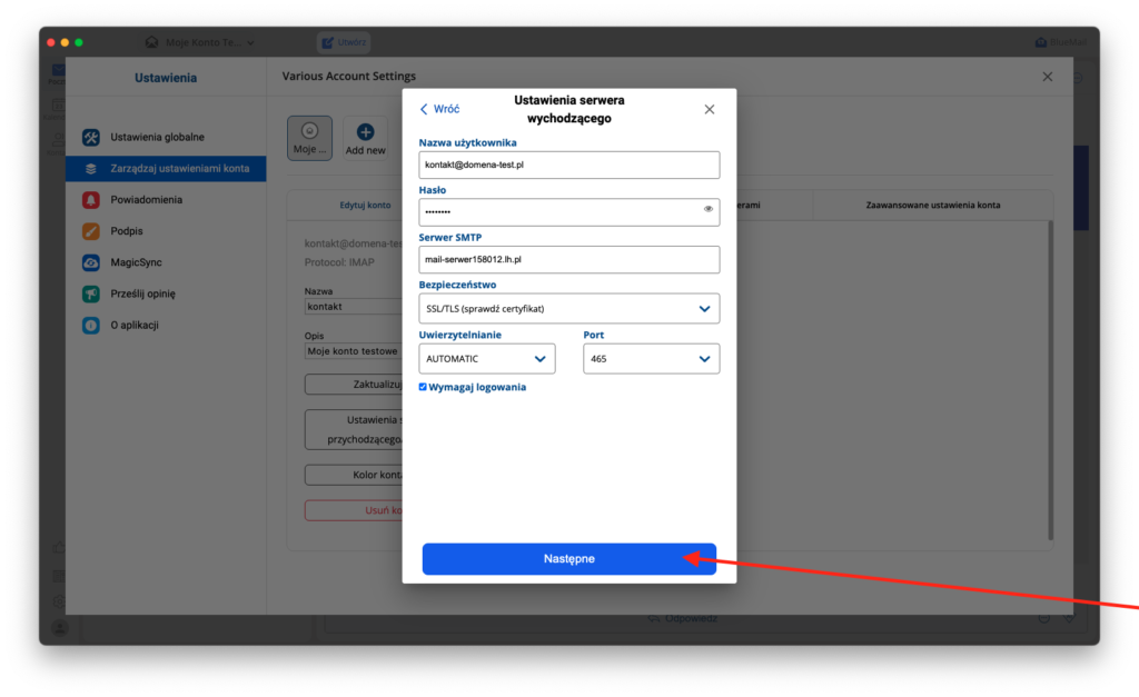 okno ustawień serwera poczty wychodzącej bluemail