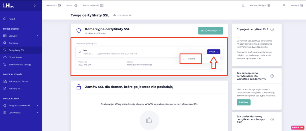 SSL w panelu klienta lh.pl