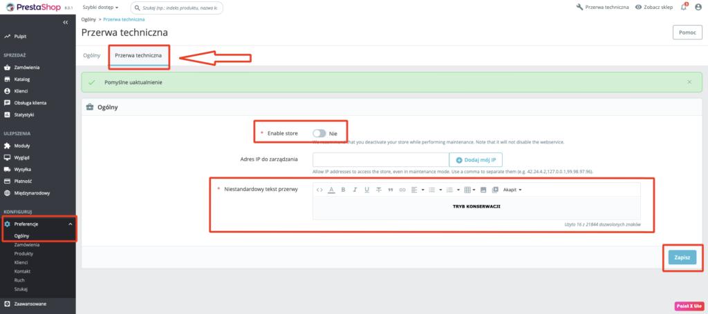 Włączenie trybu konserwacji prestashop