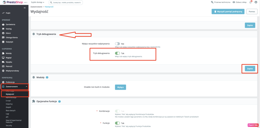 Tryb debugowania prestashop