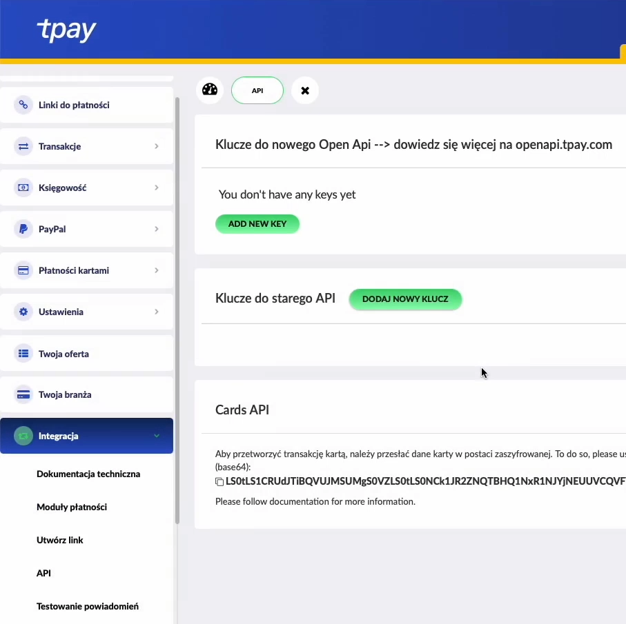Tpay - wygenerowanie kluczy API
