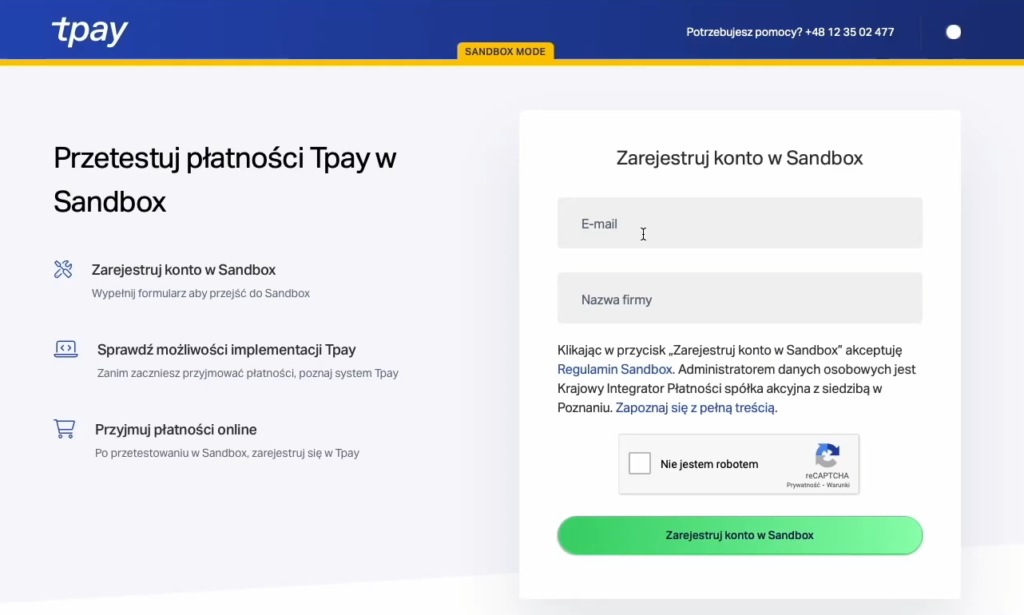 Tpay - rejestracja konta Sandbox do testów