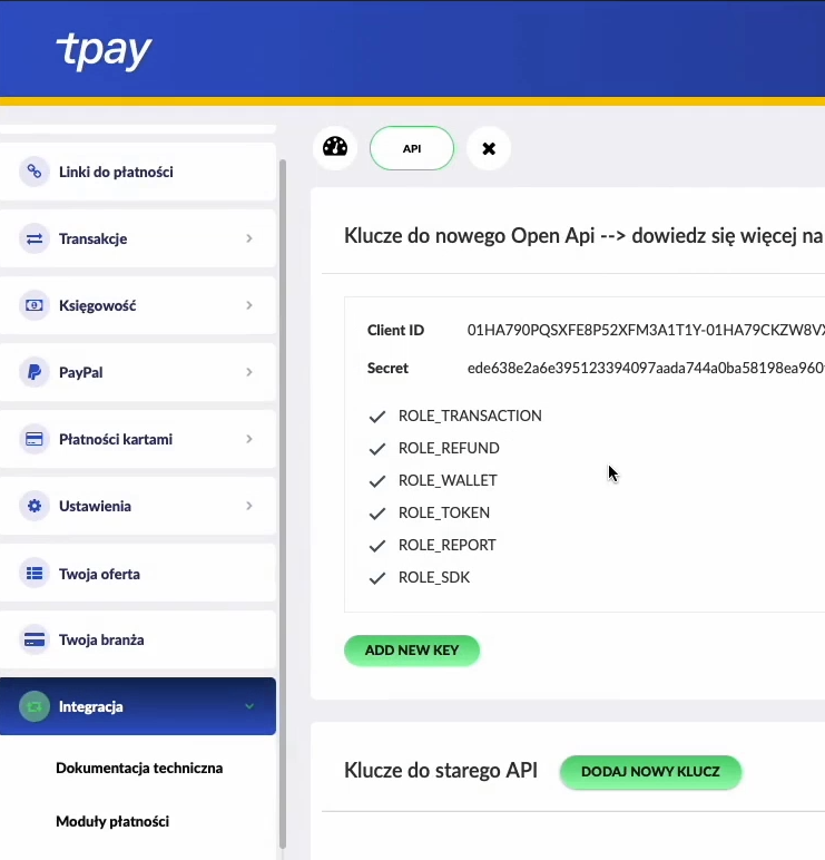 Tpay - utworzone klucze Open API=